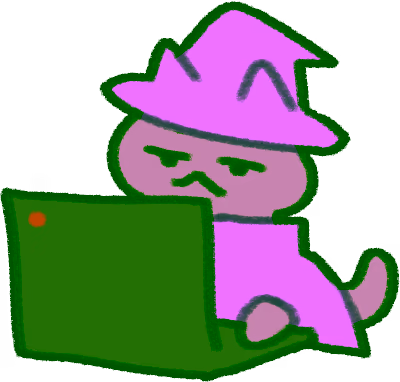 A grey cat wearing a wizard hat and robes and looking at a Thinkpad laptop.